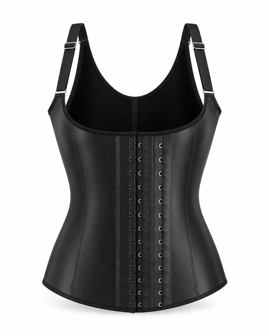 Visuel de référence: le gilet en latex noir seul, sur fond blanc, bretelles réglables à boucle, colonne de crochets sur le devant