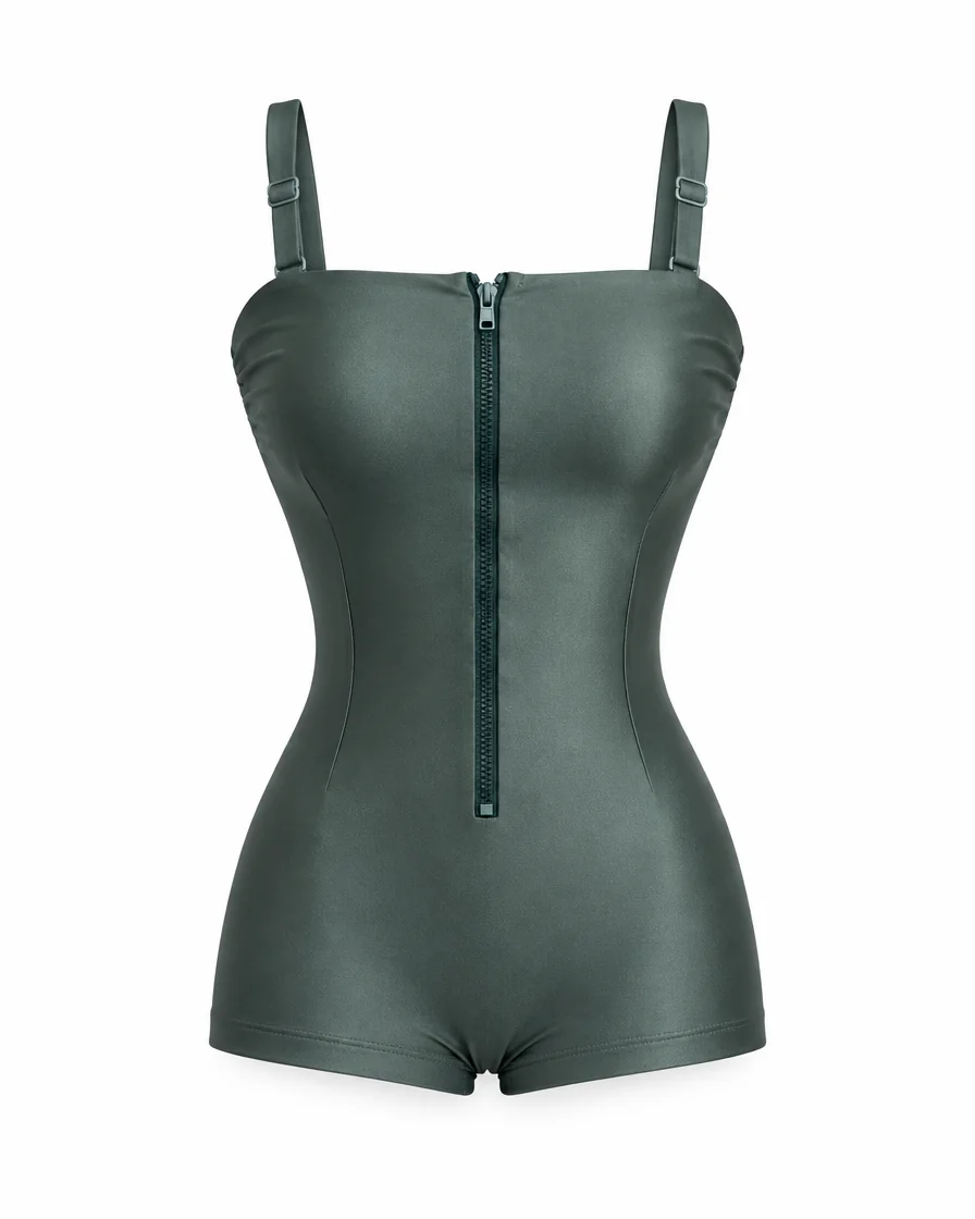 Visuel de référence: le maillot de bain gainant vert sauge seul, sur fond blanc, zip sur le devant, bretelles réglables, bas en shorty
